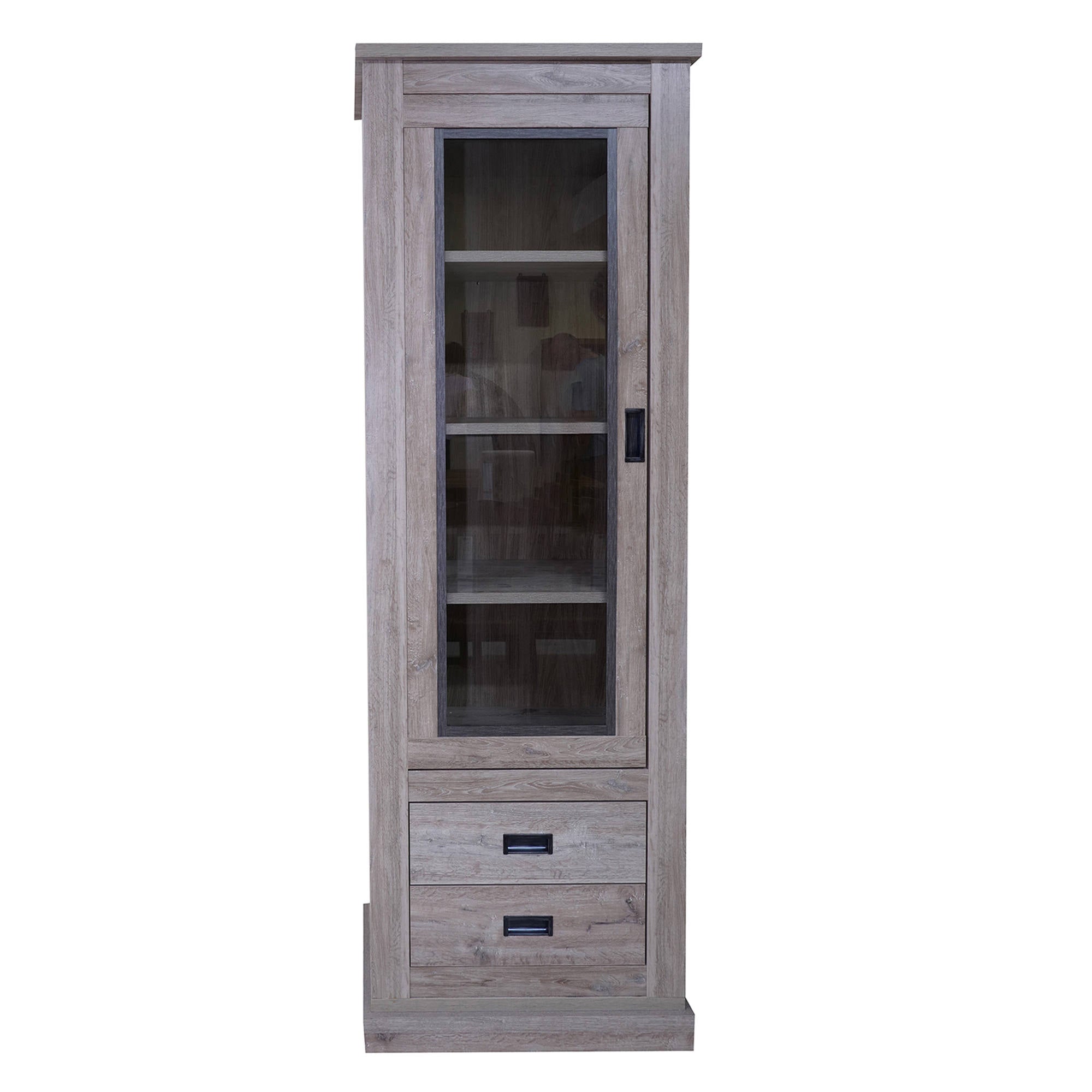 Vetrina Alcaudete, Mobile da soggiorno con vetrina e cassetti, Cristalliera con ripiani, Credenza moderna, Cm 72x40h203, Rovere sbiancato