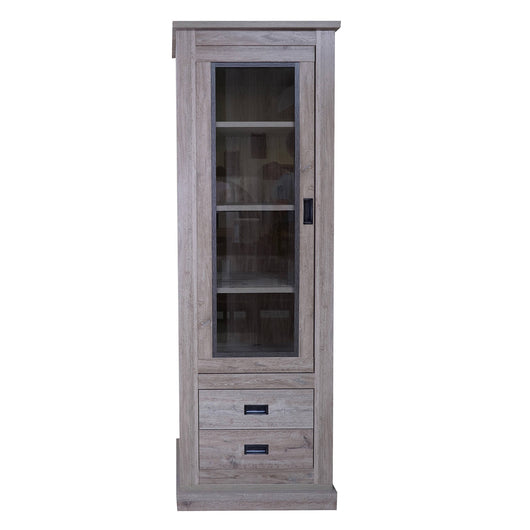 Vetrina Alcaudete, Mobile da soggiorno con vetrina e cassetti, Cristalliera con ripiani, Credenza moderna, Cm 72x40h203, Rovere sbiancato