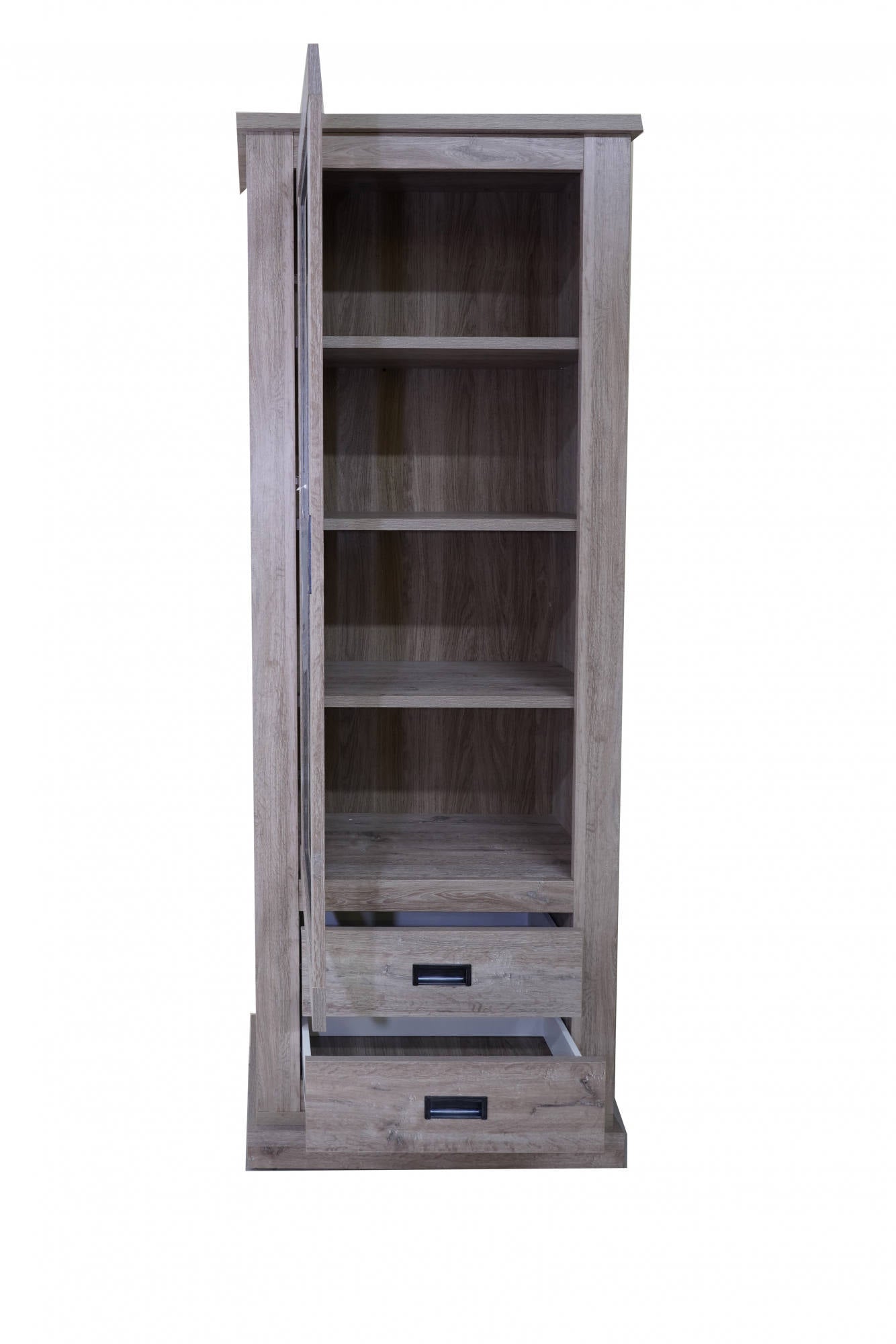 Vetrina Alcaudete, Mobile da soggiorno con vetrina e cassetti, Cristalliera con ripiani, Credenza moderna, Cm 72x40h203, Rovere sbiancato