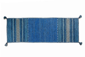 Tappeto moderno Kansas, stile kilim, 100% cotone, blu, 200x60cm