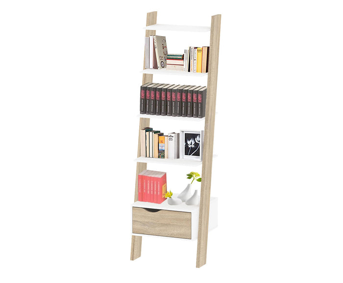 Libreria con un cassetto e quattro ripiani, colore bianco e rovere, cm 55 x 180 x 48.