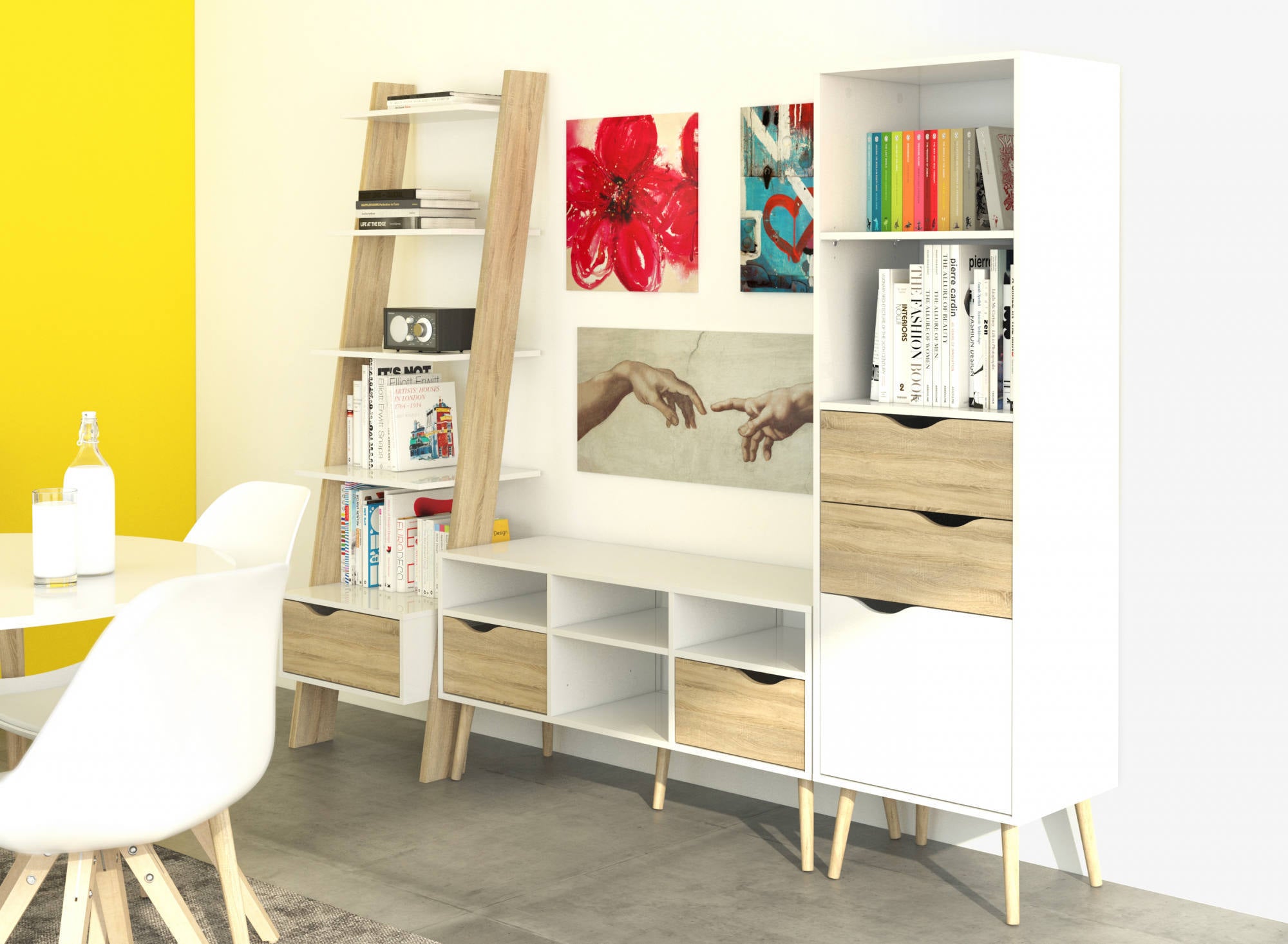 Libreria con un cassetto e quattro ripiani, colore bianco e rovere, cm 55 x 180 x 48.