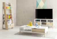 Libreria con un cassetto e quattro ripiani, colore bianco e rovere, cm 55 x 180 x 48.