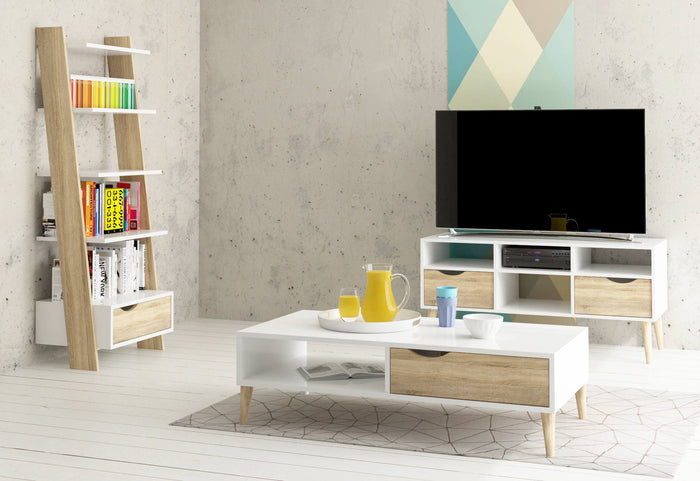 Libreria con un cassetto e quattro ripiani, colore bianco e rovere, cm 55 x 180 x 48.