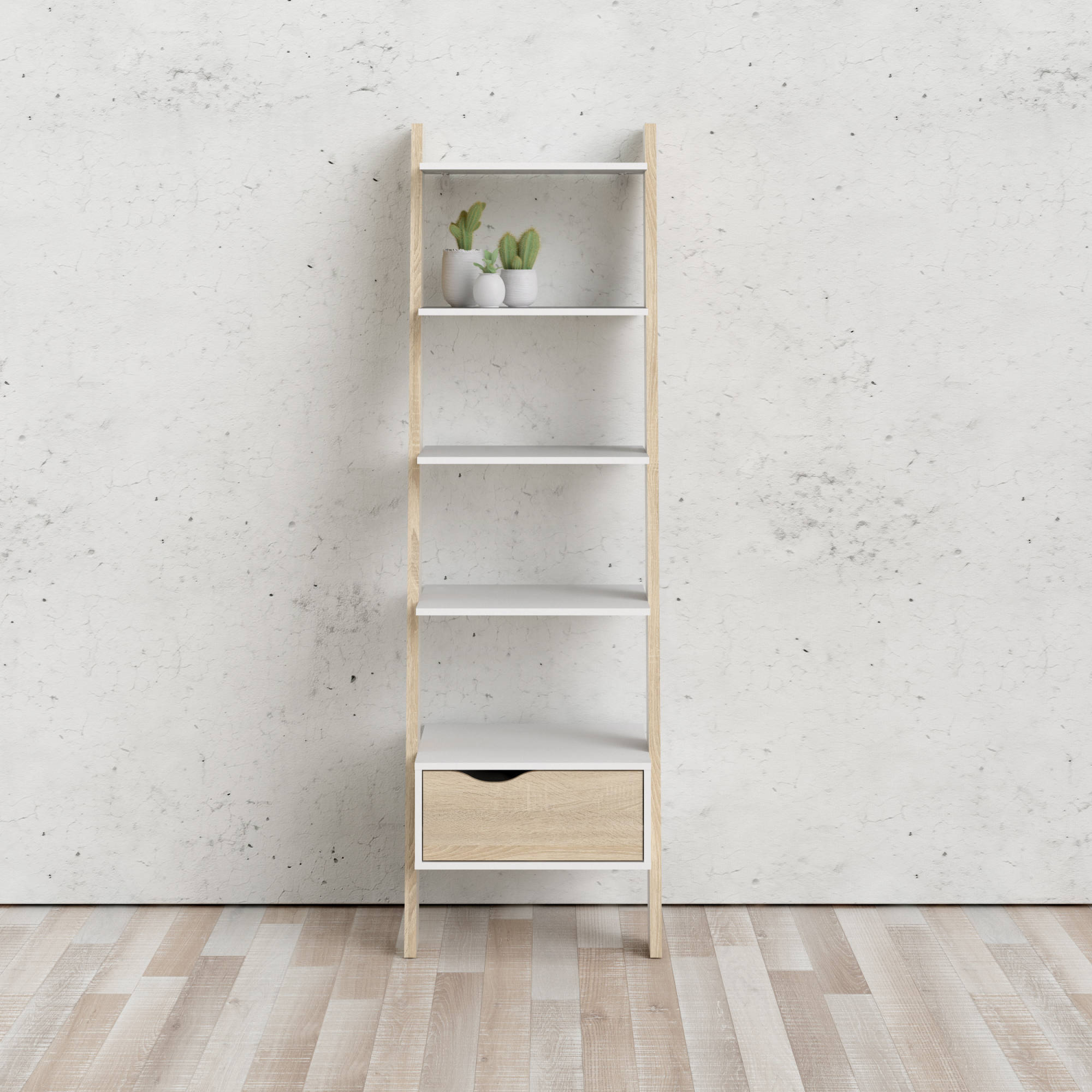 Libreria con un cassetto e quattro ripiani, colore bianco e rovere, cm 55 x 180 x 48.