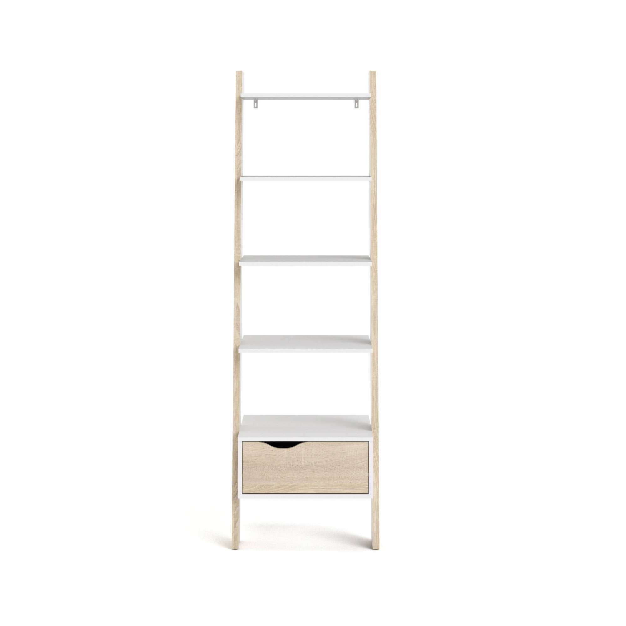 Libreria con un cassetto e quattro ripiani, colore bianco e rovere, cm 55 x 180 x 48.