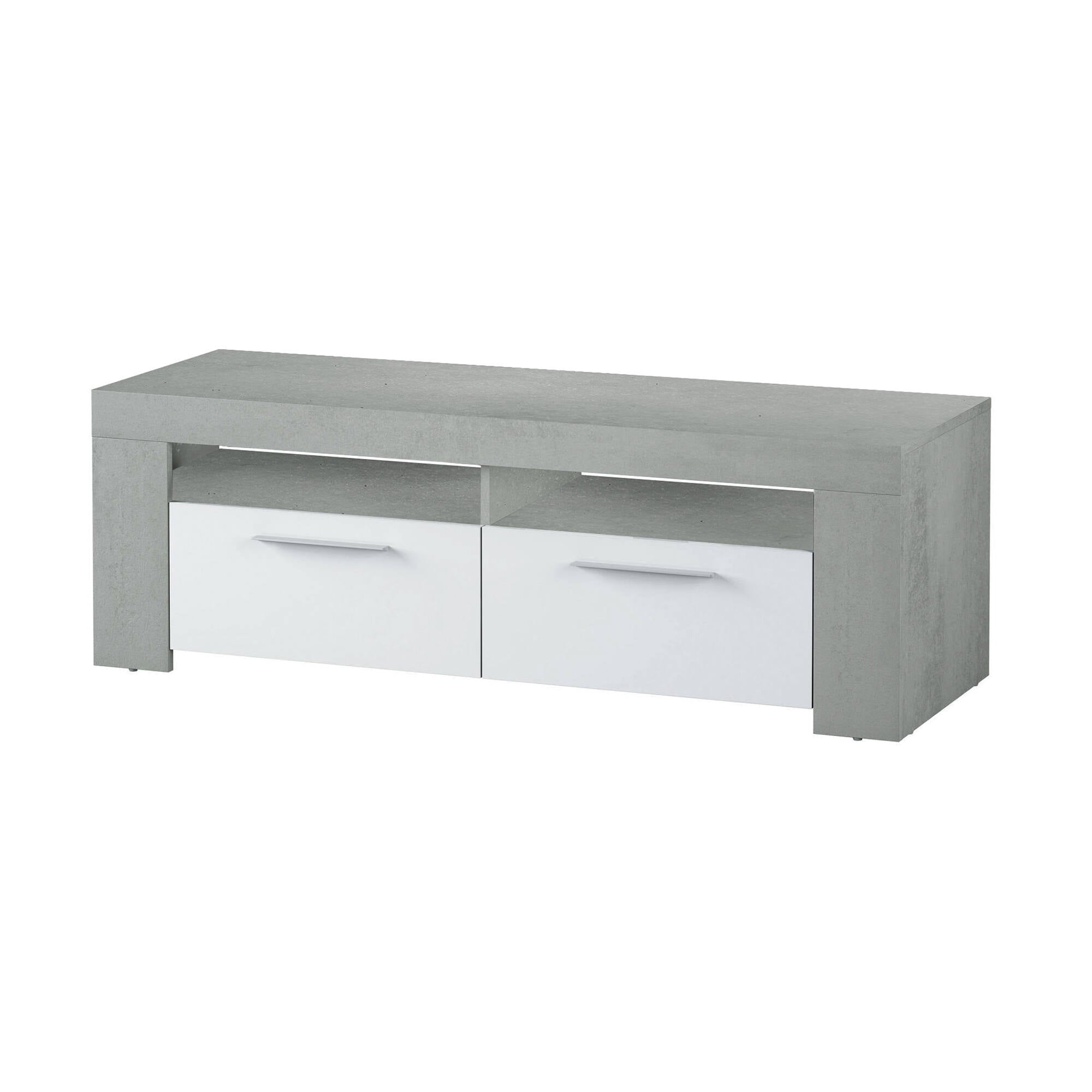 Mobile porta TV Stamford, Credenza per televisione da soggiorno, Supporto TV a 2 ante, Credenza bassa da salotto, cm 120x42h40, Bianco e Cemento