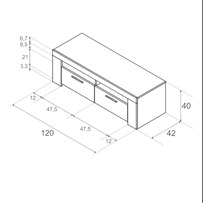 Mobile porta TV Stamford, Credenza per televisione da soggiorno, Supporto TV a 2 ante, Credenza bassa da salotto, cm 120x42h40, Bianco e Cemento