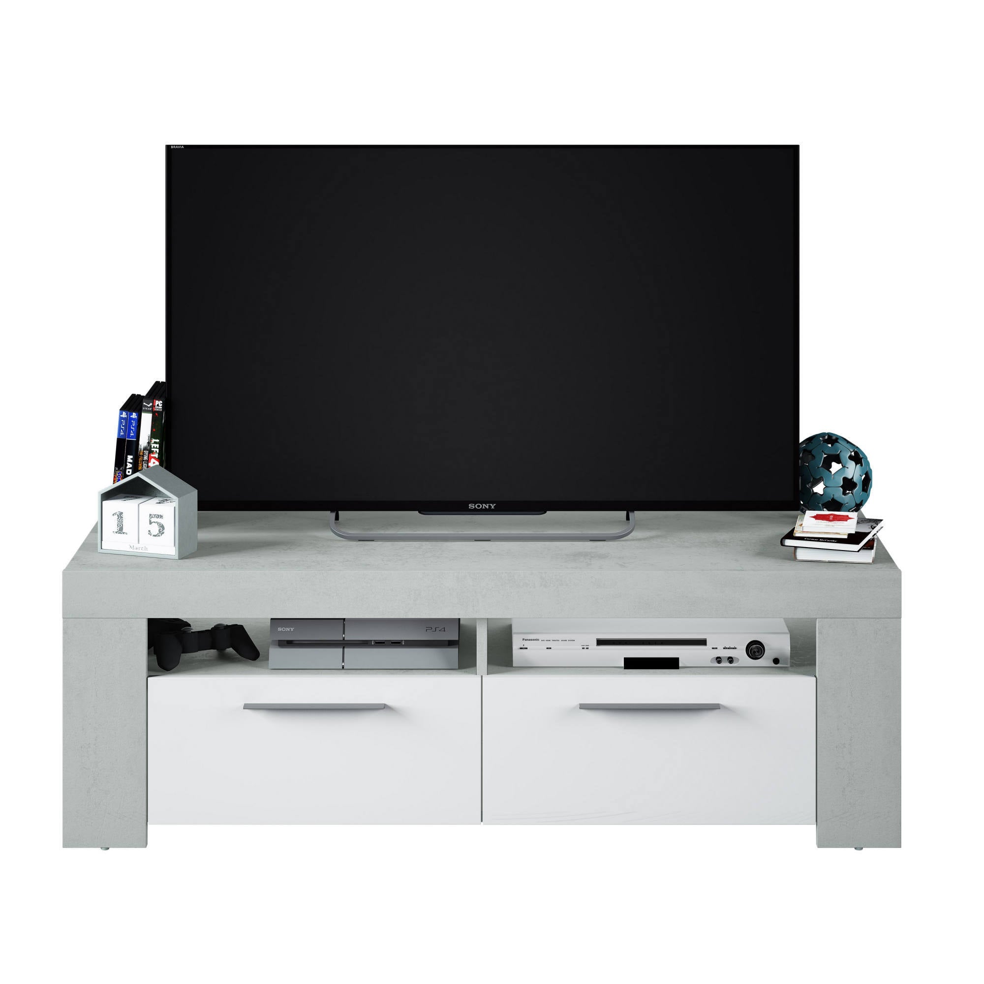 Mobile porta TV Stamford, Credenza per televisione da soggiorno, Supporto TV a 2 ante, Credenza bassa da salotto, cm 120x42h40, Bianco e Cemento