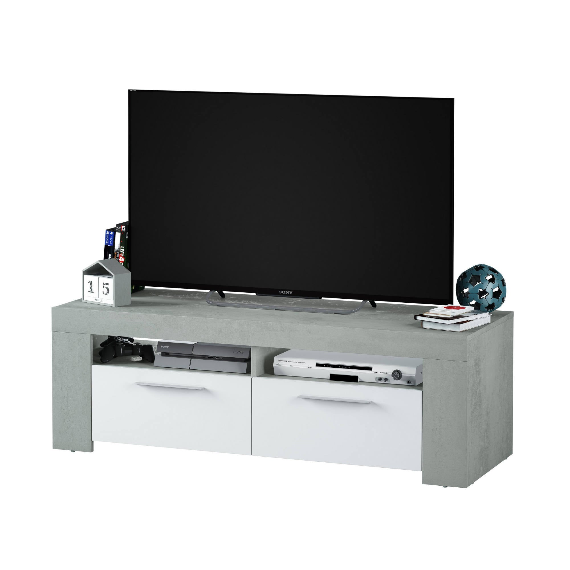 Mobile porta TV Stamford, Credenza per televisione da soggiorno, Supporto TV a 2 ante, Credenza bassa da salotto, cm 120x42h40, Bianco e Cemento