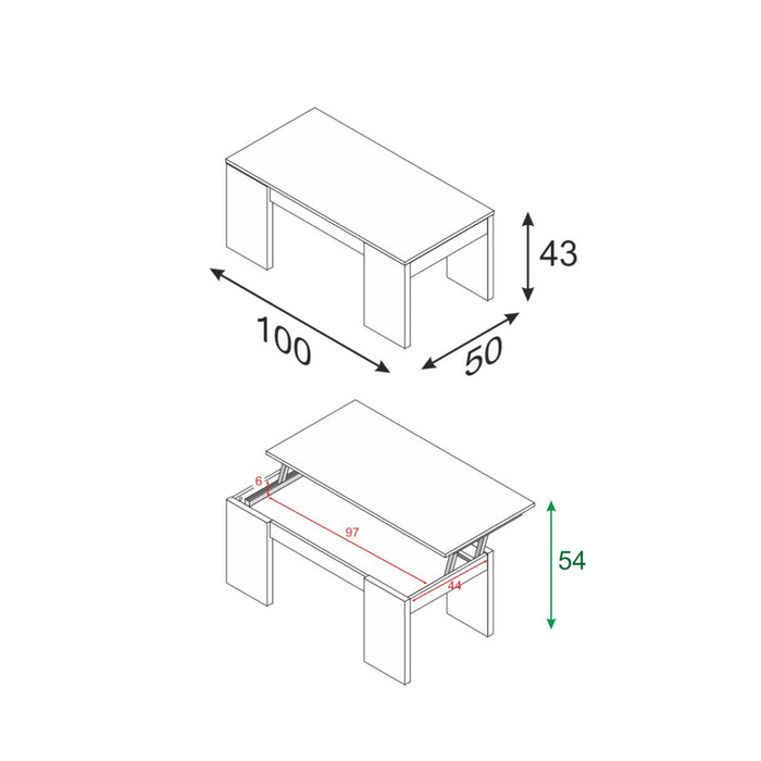 Tavolino da salotto Malibu, Tavolino da caffè con piano elevabile, Tavolo basso da soggiorno, cm 100x50h43/84, Rovere