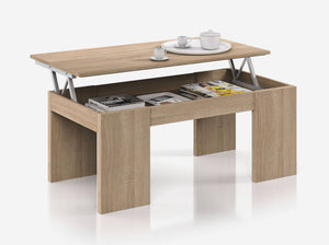 Tavolino da salotto Malibu, Tavolino da caffè con piano elevabile, Tavolo basso da soggiorno, cm 100x50h43/84, Rovere