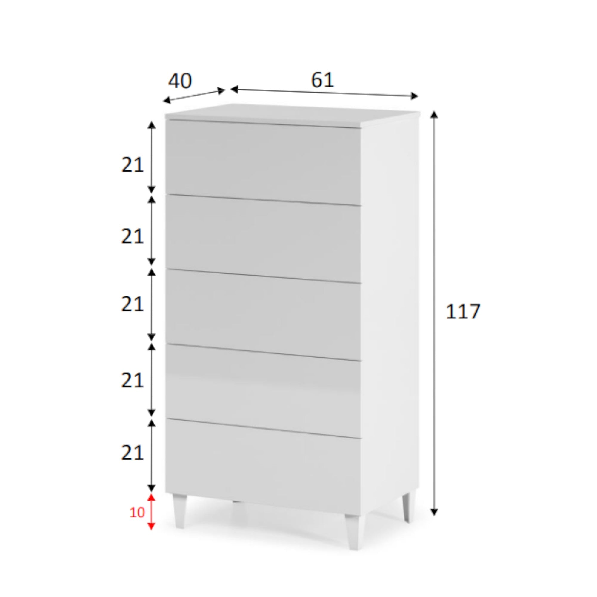 Cassettiera Roseville, Settimanale a 5 cassetti, Mobile Comò per camera da letto, Settimanale moderno, cm 61x40h117, Bianco