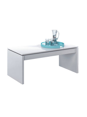 Tavolino da salotto Ontario, Tavolino da caffè con piano elevabile, Tavolo basso da soggiorno, cm 102x50h43/54, Bianco lucido