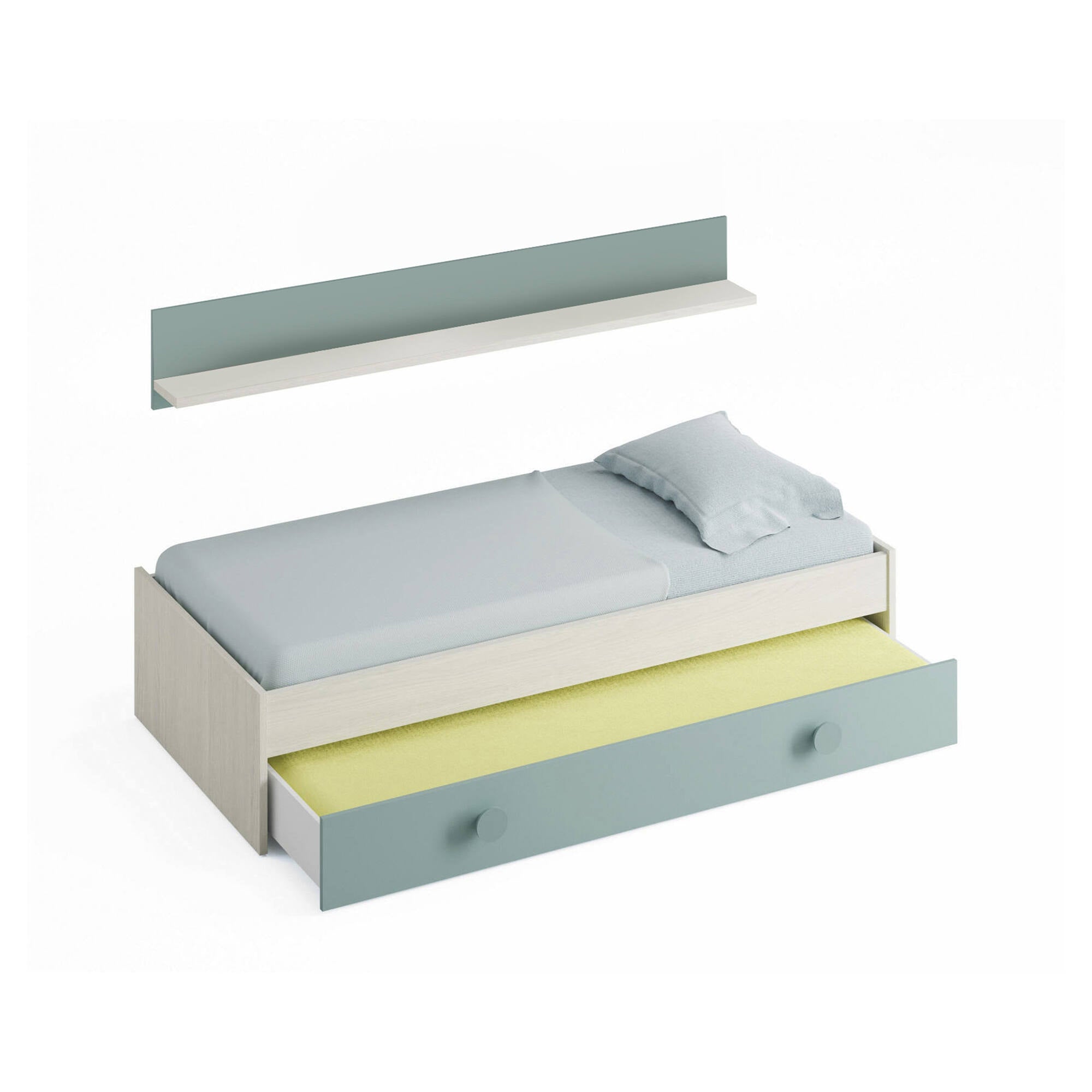 Letto singolo Lubbock, Struttura letto per cameretta, Letto singolo con lettino estraibile o cassettone e mensola abbinata, cm 199x95h65, Bianco e Verde acqua