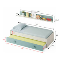 Letto singolo Lubbock, Struttura letto per cameretta, Letto singolo con lettino estraibile o cassettone e mensola abbinata, cm 199x95h65, Bianco e Verde acqua