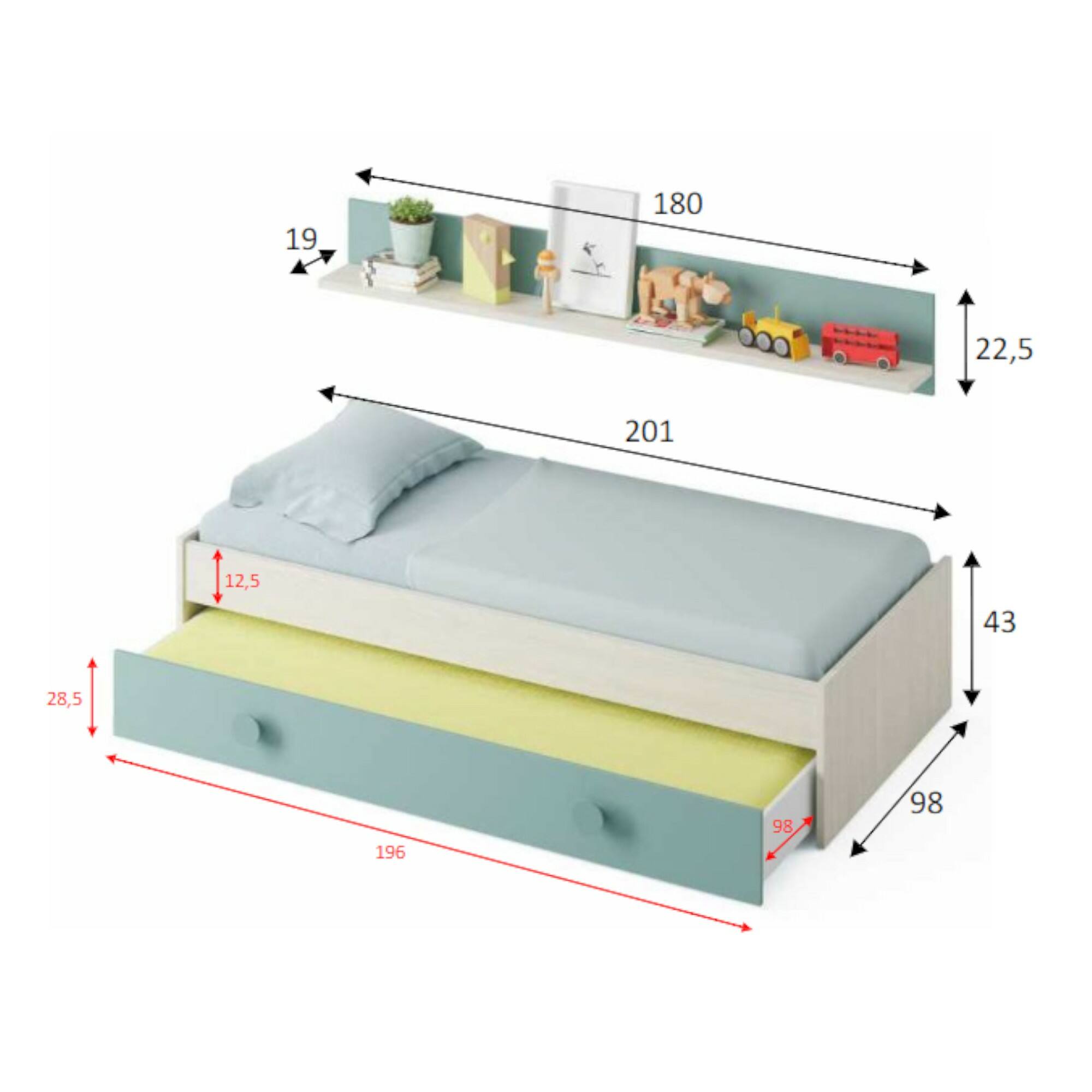 Letto singolo Lubbock, Struttura letto per cameretta, Letto singolo con lettino estraibile o cassettone e mensola abbinata, cm 199x95h65, Bianco e Verde acqua