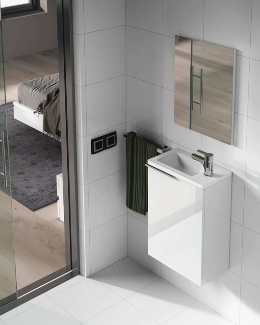 Mobile sottolavabo Peoria, Mobiletto per bagno sospeso, Armadio a 1 anta e specchio, cm 40x22h58, Bianco lucido