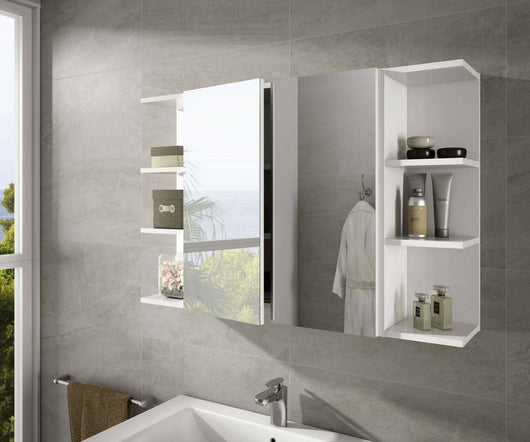 Mobile Pensile Bagno Tacoma, Mobile colonna sospeso per bagno, Armadietto ad angolo con 3 ripiani aperti, cm 20x20h65, Bianco