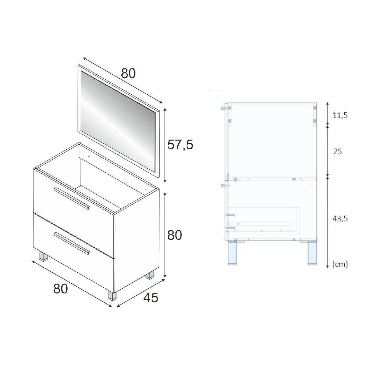 Mobile sottolavabo Hayward, Mobiletto per bagno, Armadio a 2 cassetti e specchio, lavabo non incluso, cm 80x45h80, Grigio cenere