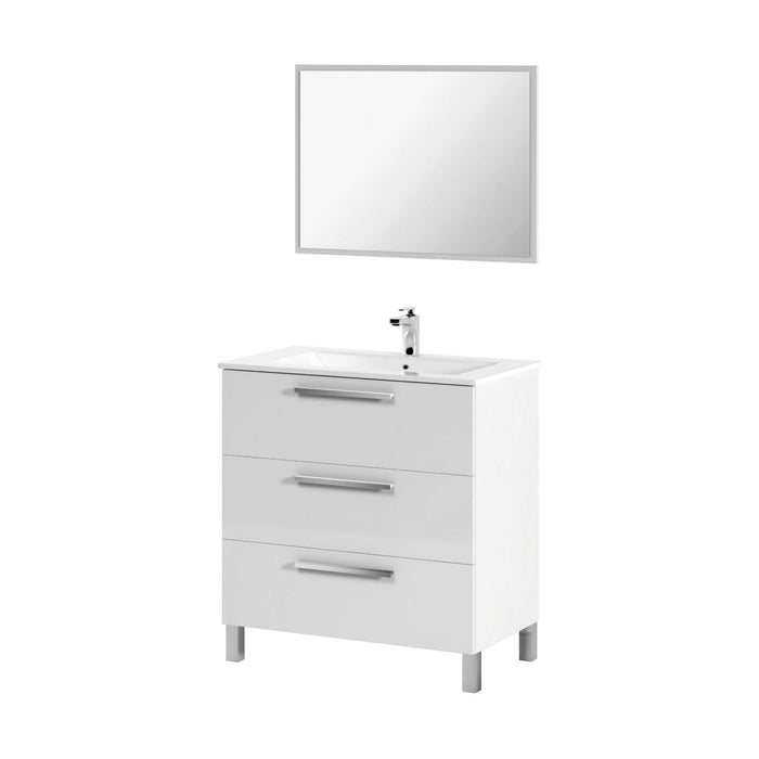 Mobile sottolavabo Palmdale, Mobiletto per bagno, Armadio a 3 cassetti e specchio, lavabo non incluso, cm 80x45h86, Bianco lucido