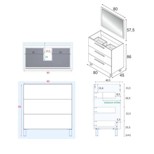 Mobile sottolavabo Palmdale, Mobiletto per bagno, Armadio a 3 cassetti e specchio, lavabo non incluso, cm 80x45h86, Bianco lucido