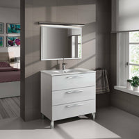 Mobile sottolavabo Palmdale, Mobiletto per bagno, Armadio a 3 cassetti e specchio, lavabo non incluso, cm 80x45h86, Bianco lucido