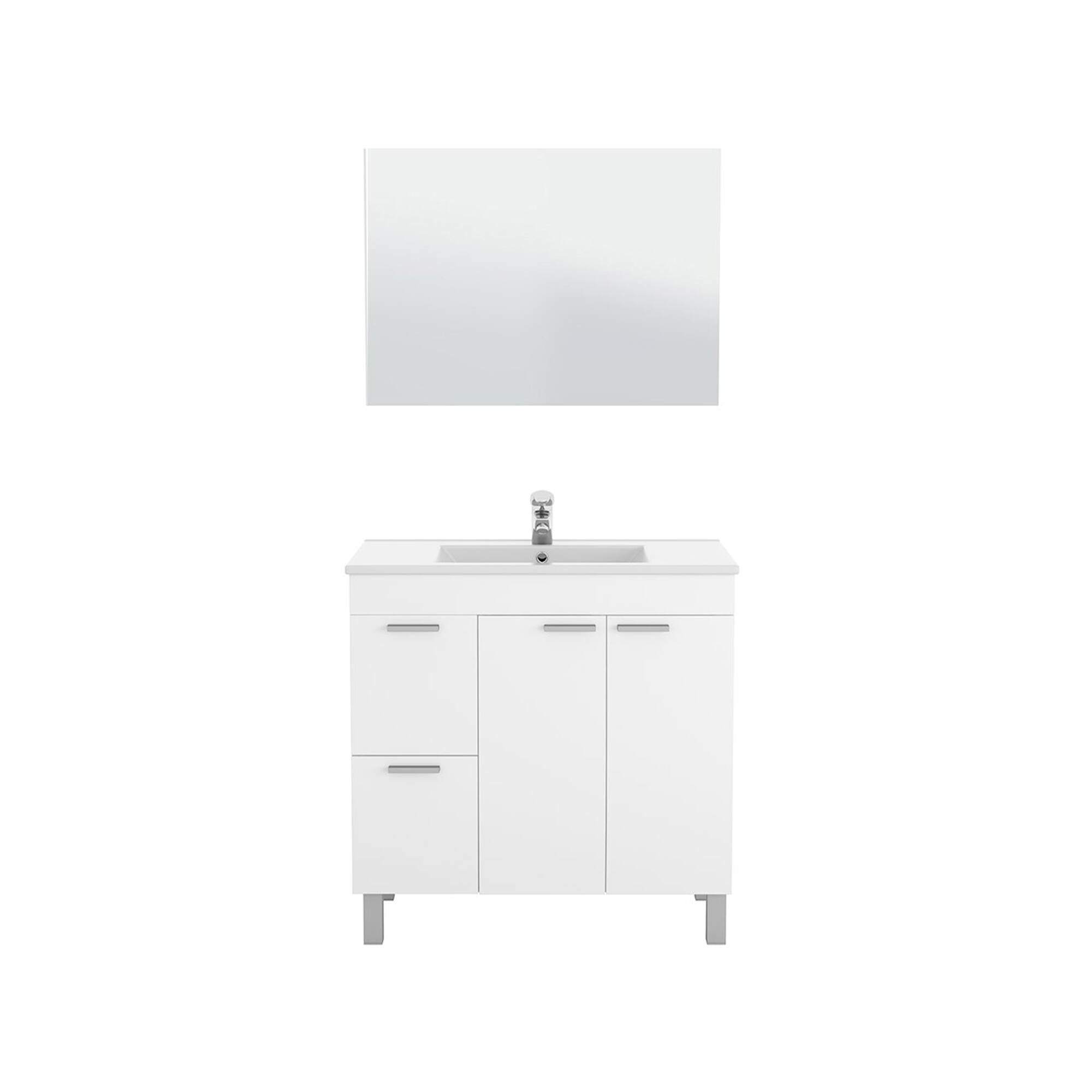 Mobile sottolavabo Lakewood, Mobiletto per bagno, Armadio a 2 ante e due cassetti con specchio, lavabo non incluso, cm 80x45h80, Bianco lucido