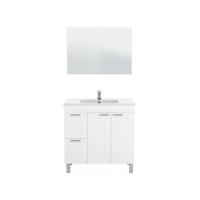 Mobile sottolavabo Lakewood, Mobiletto per bagno, Armadio a 2 ante e due cassetti con specchio, lavabo non incluso, cm 80x45h80, Bianco lucido