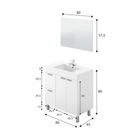 Mobile sottolavabo Lakewood, Mobiletto per bagno, Armadio a 2 ante e due cassetti con specchio, lavabo non incluso, cm 80x45h80, Bianco lucido