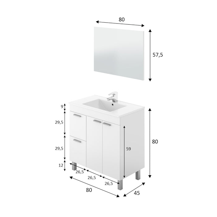 Mobile sottolavabo Lakewood, Mobiletto per bagno, Armadio a 2 ante e due cassetti con specchio, lavabo non incluso, cm 80x45h80, Bianco lucido