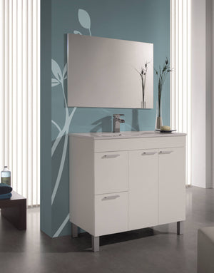 Mobile sottolavabo Lakewood, Mobiletto per bagno, Armadio a 2 ante e due cassetti con specchio, lavabo non incluso, cm 80x45h80, Bianco lucido