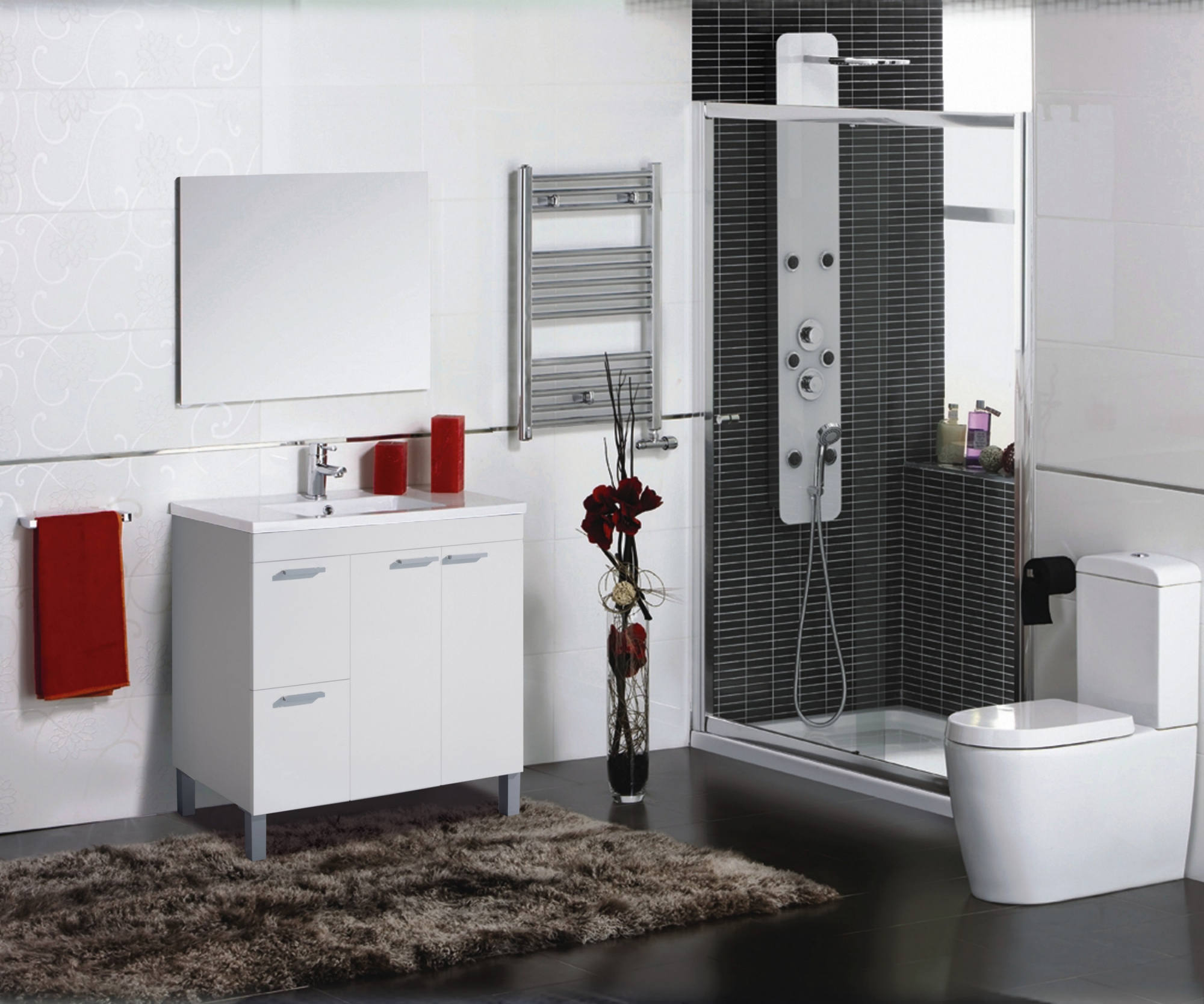 Mobile sottolavabo Lakewood, Mobiletto per bagno, Armadio a 2 ante e due cassetti con specchio, lavabo non incluso, cm 80x45h80, Bianco lucido