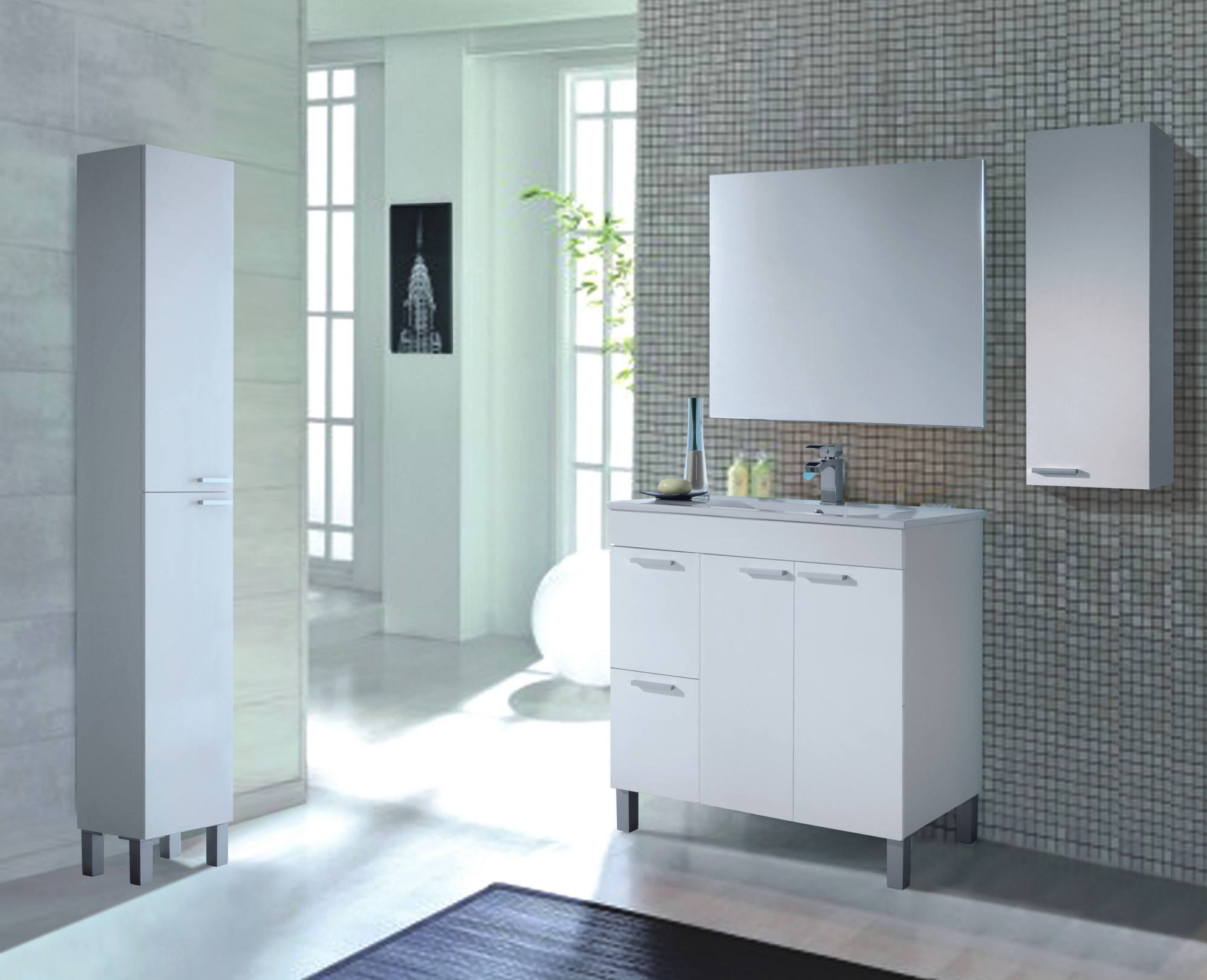 Mobile sottolavabo Lakewood, Mobiletto per bagno, Armadio a 2 ante e due cassetti con specchio, lavabo non incluso, cm 80x45h80, Bianco lucido