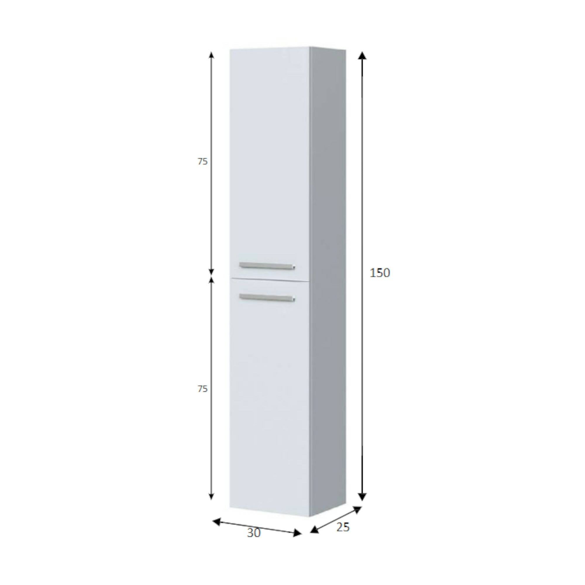 Colonna bagno Dabado, Mobile a colonna per bagno a 2 ante, Armadio pensile sospeso con 2 ripiani, 30x25h150 cm, Bianco lucido