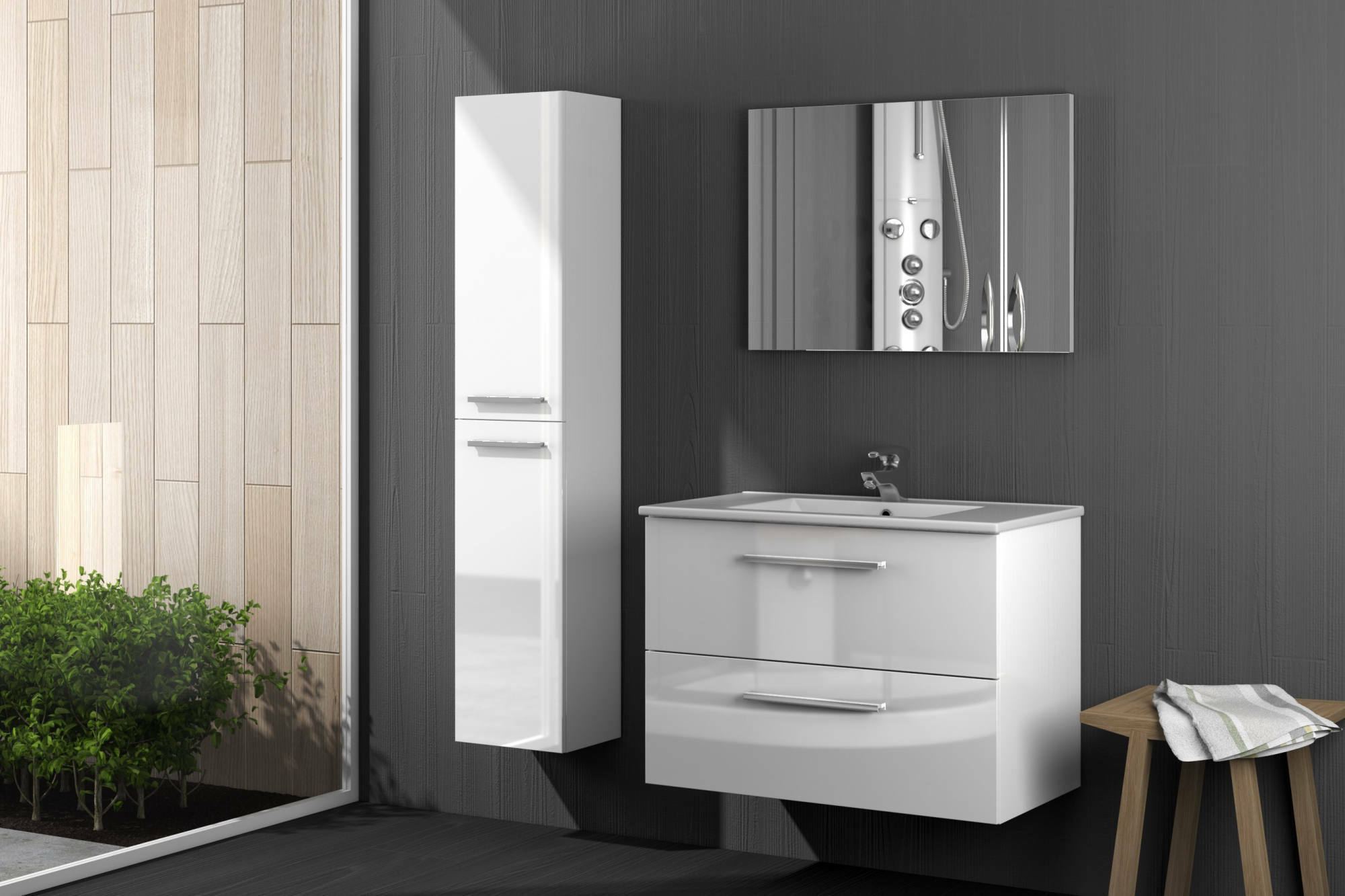 Colonna bagno Dabado, Mobile a colonna per bagno a 2 ante, Armadio pensile sospeso con 2 ripiani, 30x25h150 cm, Bianco lucido