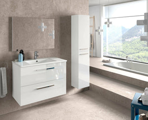 Colonna bagno Dabado, Mobile a colonna per bagno a 2 ante, Armadio pensile sospeso con 2 ripiani, 30x25h150 cm, Bianco lucido