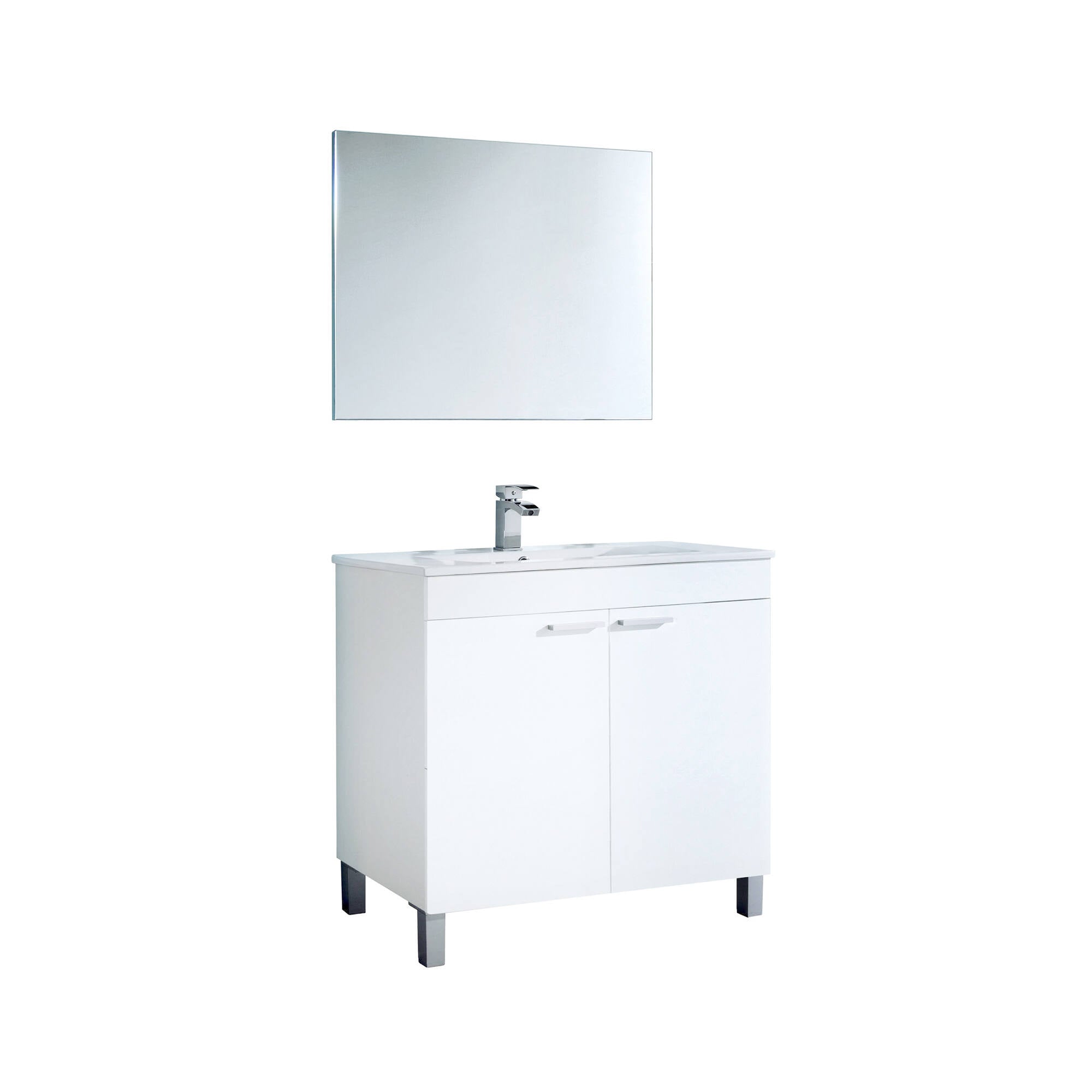 Mobile sottolavabo Augusta, Mobiletto per bagno a 2 ante, Armadietto da terra con specchio, lavabo non incluso, cm 80x45h80, Bianco