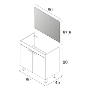 Mobile sottolavabo Augusta, Mobiletto per bagno a 2 ante, Armadietto da terra con specchio, lavabo non incluso, cm 80x45h80, Bianco