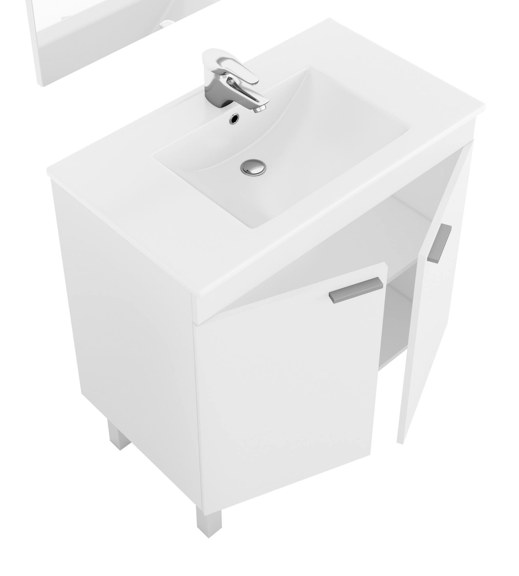 Mobile sottolavabo Augusta, Mobiletto per bagno a 2 ante, Armadietto da terra con specchio, lavabo non incluso, cm 80x45h80, Bianco