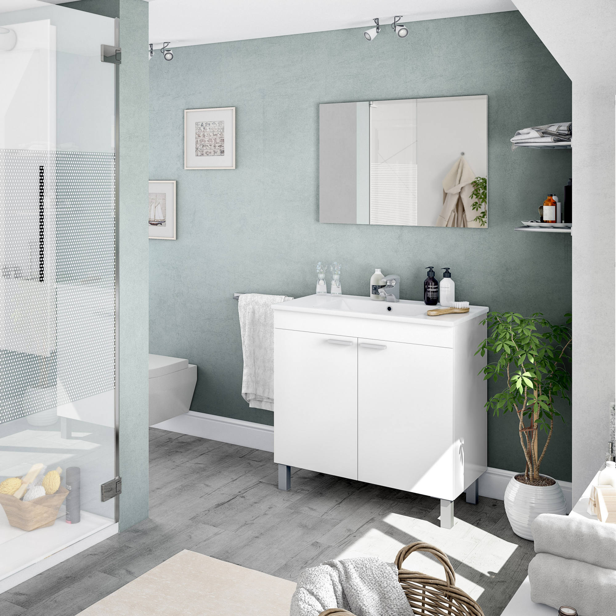 Mobile sottolavabo Augusta, Mobiletto per bagno a 2 ante, Armadietto da terra con specchio, lavabo non incluso, cm 80x45h80, Bianco