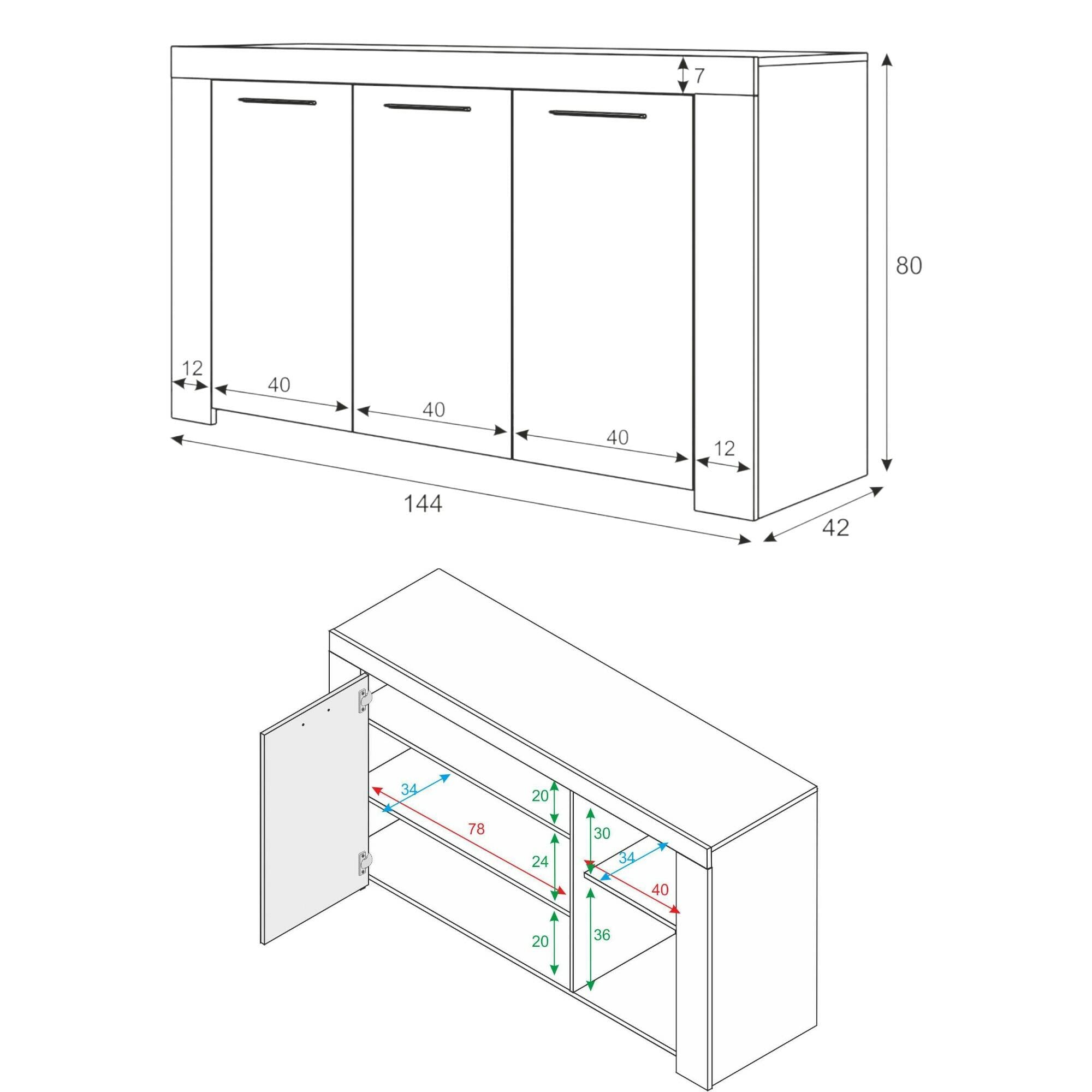 Credenza Bellevue, Madia moderna a 3 ante, Buffet da soggiorno, Mobile porta TV, Madia per salotto, cm 144x42h80, Cemento