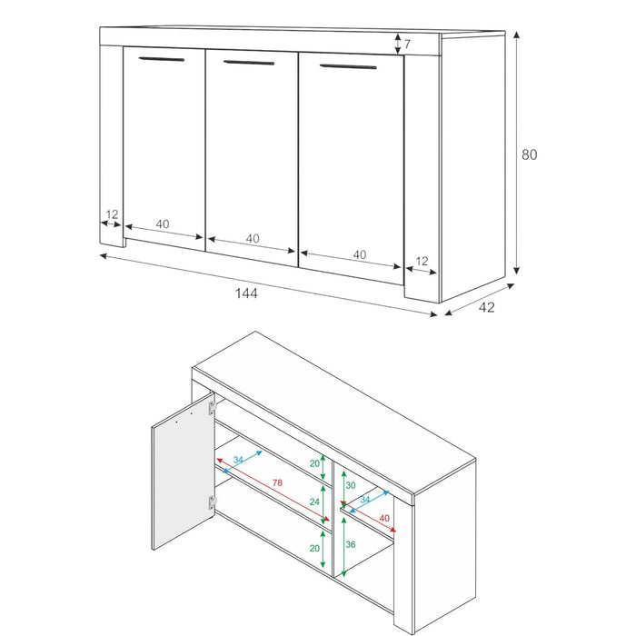 Credenza Bellevue, Madia moderna a 3 ante, Buffet da soggiorno, Mobile porta TV, Madia per salotto, cm 144x42h80, Cemento