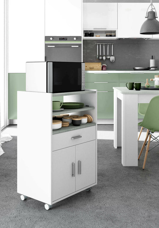 Carrello Scottsdale, Mobile ausiliare per cucina con ruote, Armadio multiuso con 2 ante e 1 ripiano, cm 59x40h92, Bianco