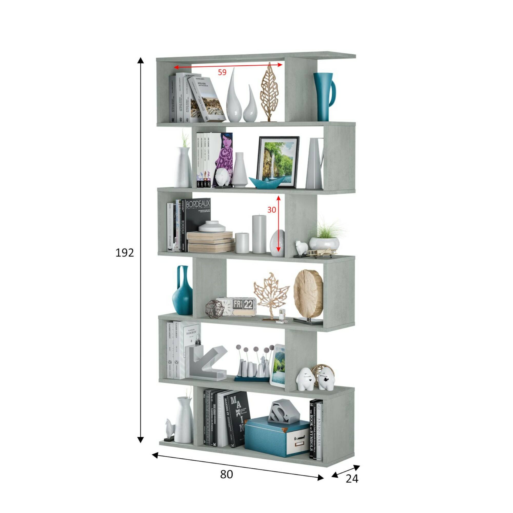 Libreria Joliet, Mobile portalibri alta bifacciale, Scaffale divisorio con 5 ripiani, Scaffale da ufficio moderno, cm 80x25h192, Grigio cemento