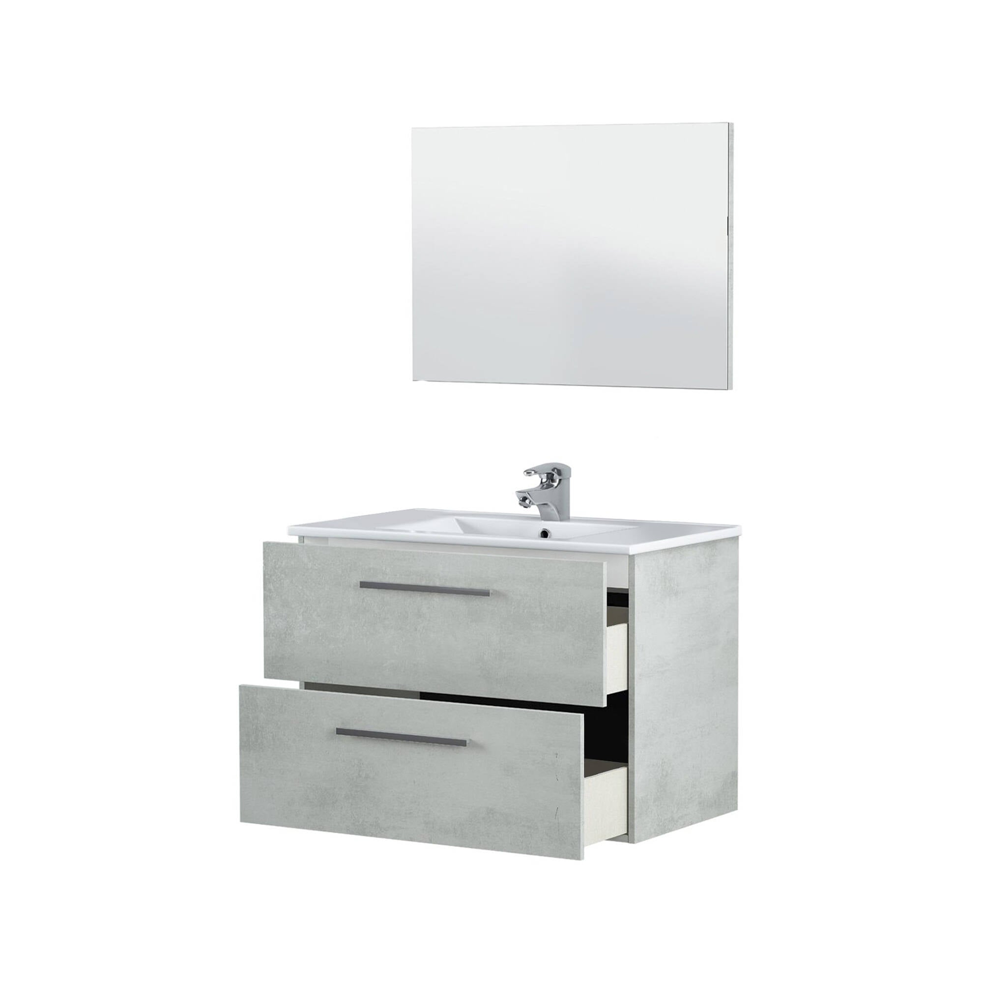 Mobile sottolavabo Inglewood, Mobiletto per bagno sospeso, Armadio a 2 cassetti e specchio, cm 80x45h57, Cemento