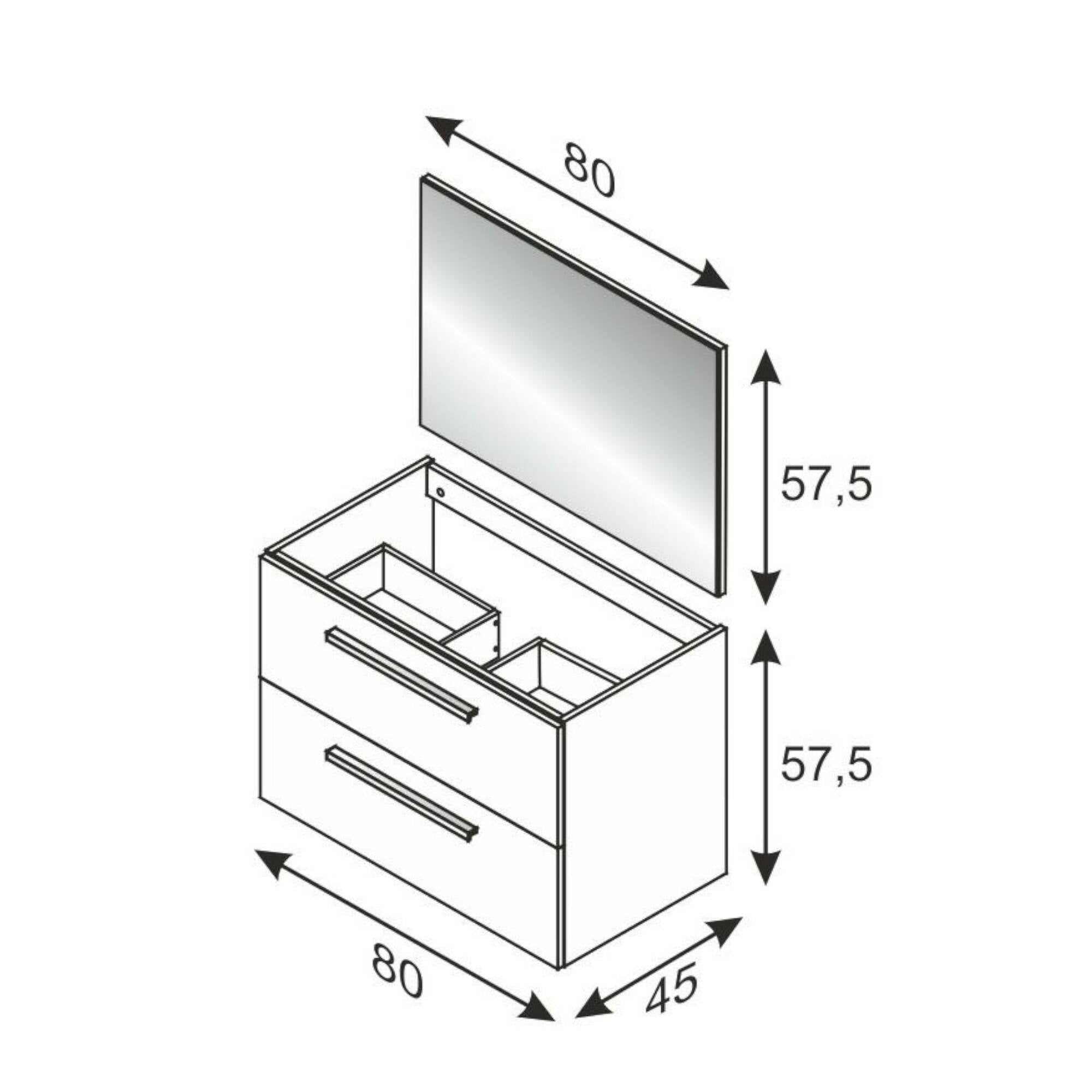 Mobile sottolavabo Inglewood, Mobiletto per bagno sospeso, Armadio a 2 cassetti e specchio, cm 80x45h57, Cemento