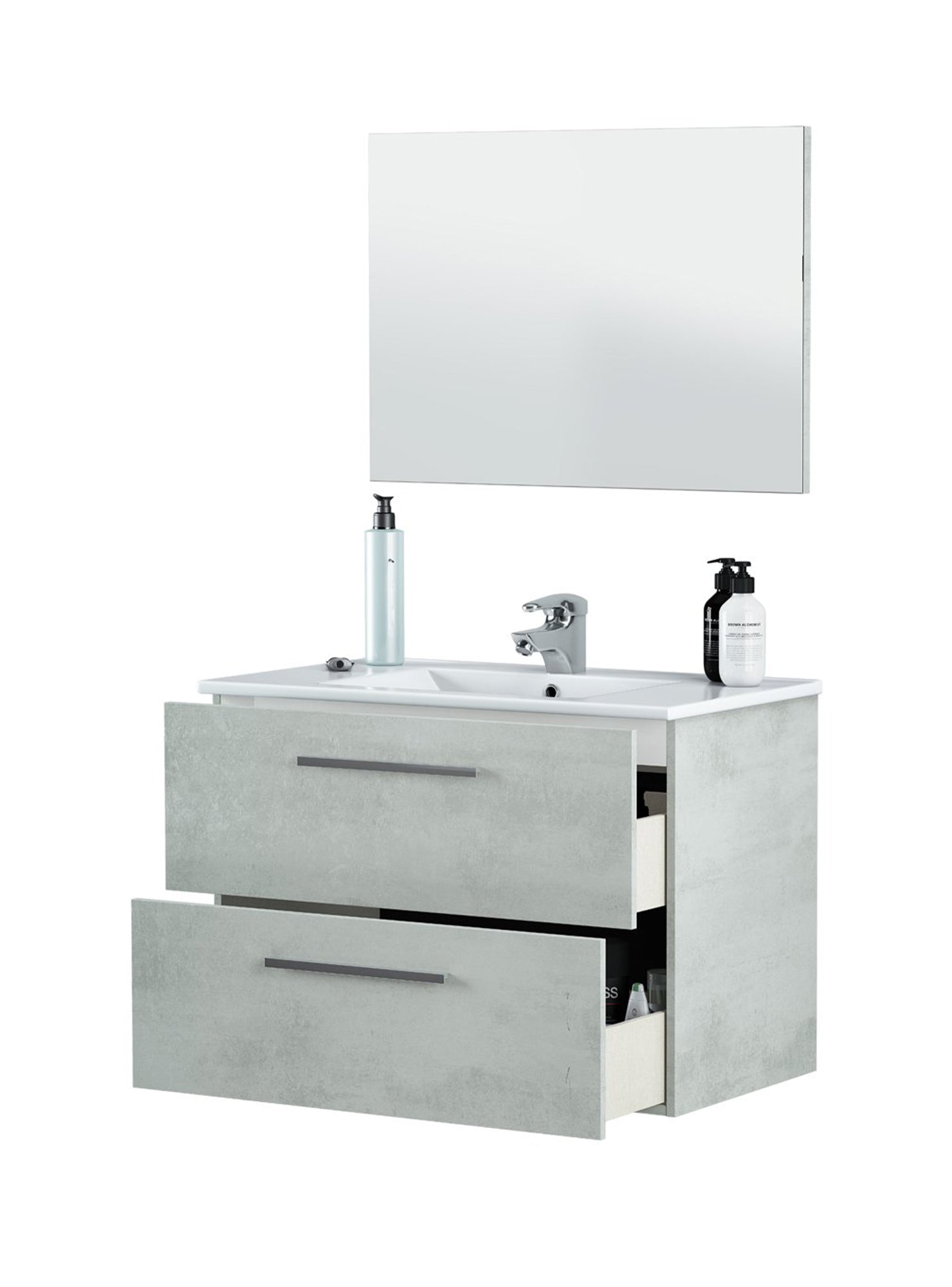 Mobile sottolavabo Inglewood, Mobiletto per bagno sospeso, Armadio a 2 cassetti e specchio, cm 80x45h57, Cemento