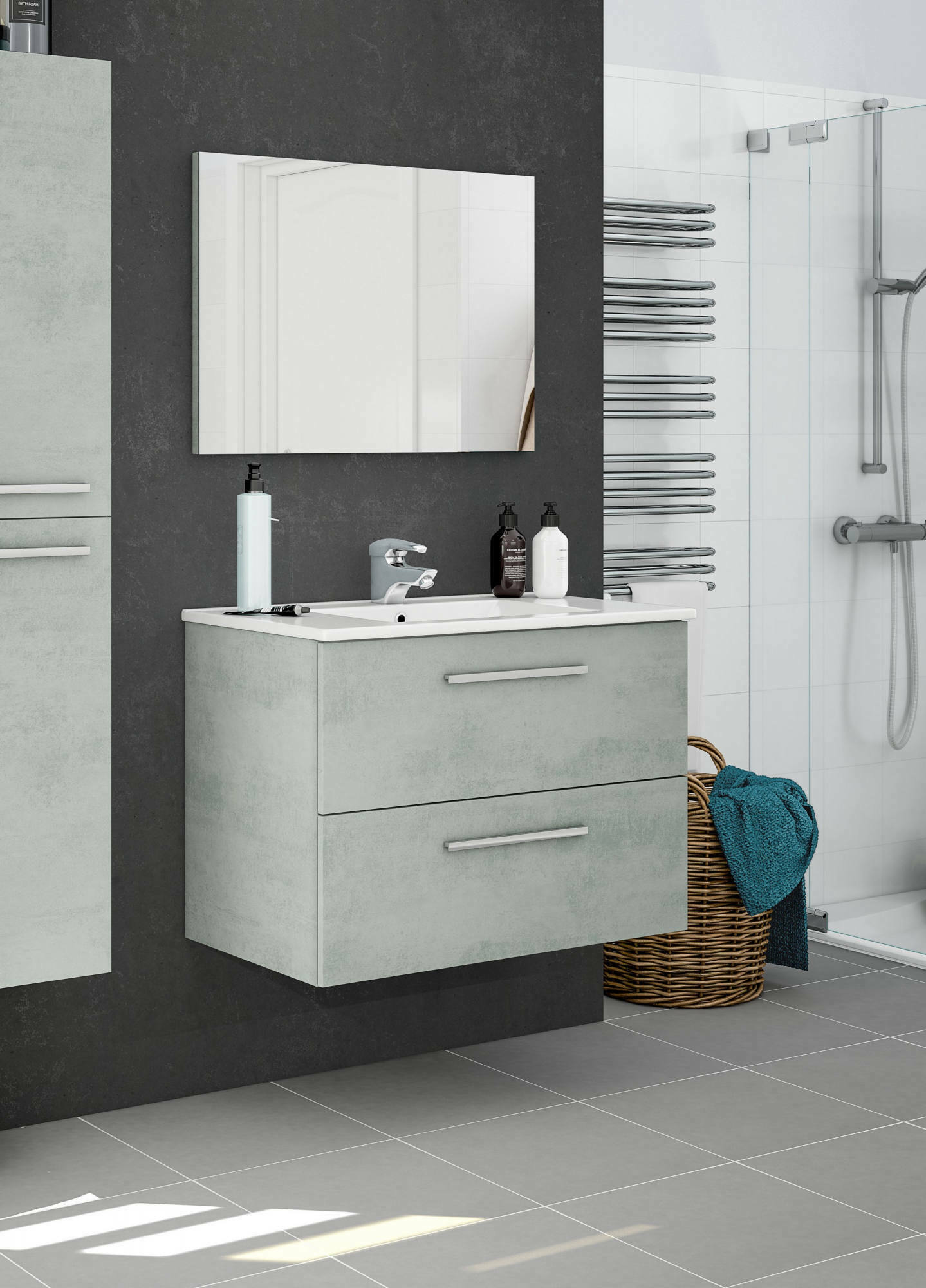 Mobile sottolavabo Inglewood, Mobiletto per bagno sospeso, Armadio a 2 cassetti e specchio, cm 80x45h57, Cemento