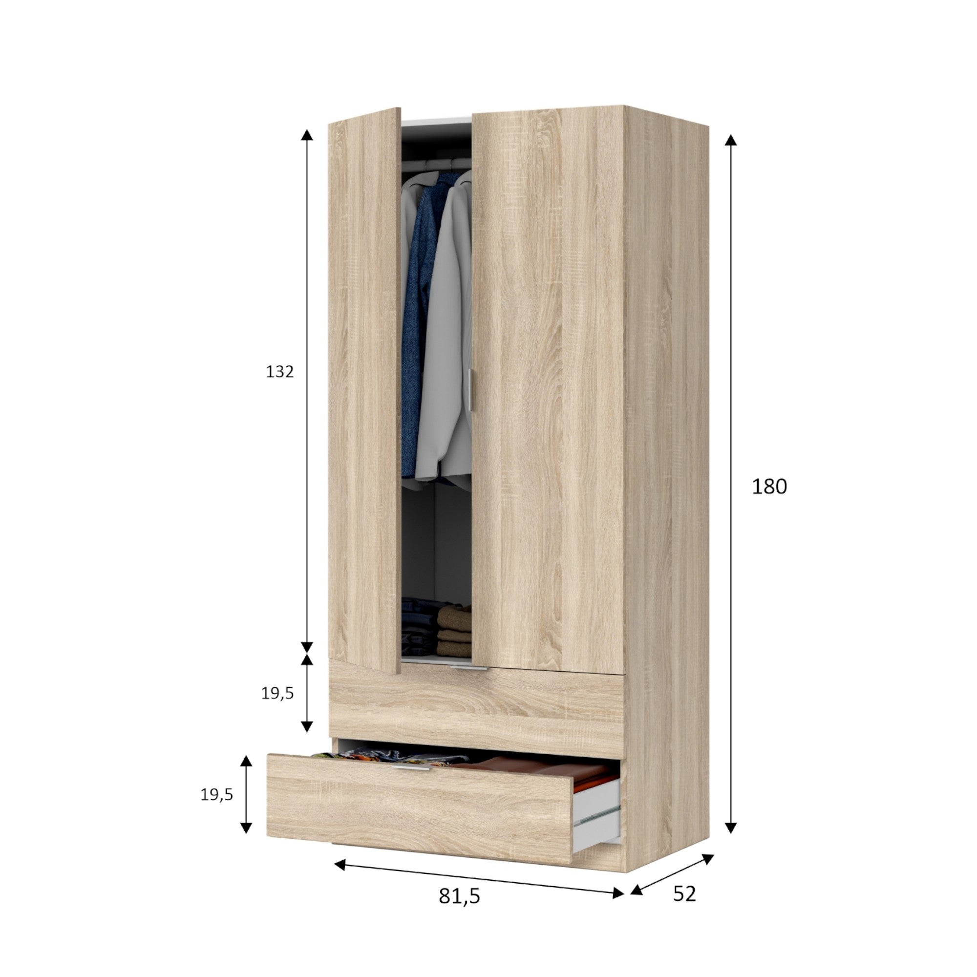 Guardaroba Burbank, Armadio per camera da letto a 2 ante e 2 cassetti, Mobile per camera da letto con barra appendiabiti, cm 81x52h180, Rovere